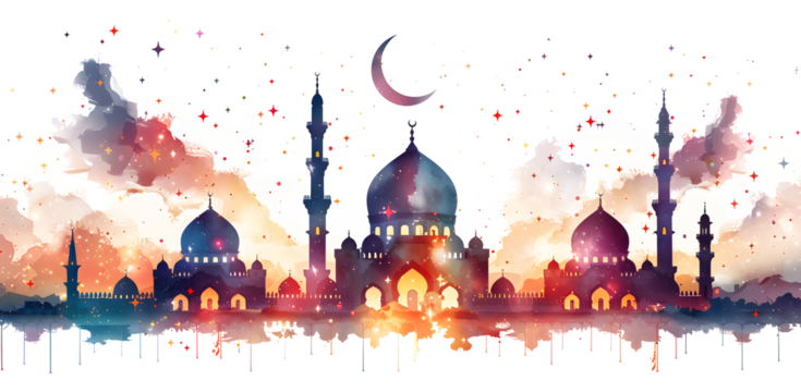A flat illustration of Ramadan, of pink and orange against an isolated on white and transparent background with a crescent moon and stars above them