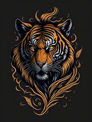 Tribal Tiger Drawing with Intricate Maori Patterns and Symbols. Polynesian Tattoo Art. Suitable for T-Shirt Design Inspiration.
