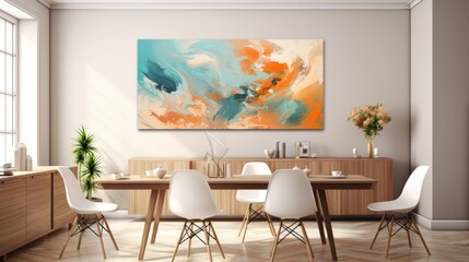 The image is a large abstract painting in a modern dining room