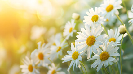 Beautiful spring background with white daisies flowers in the meadow, blurred nature landscape, sunny day, copy space area