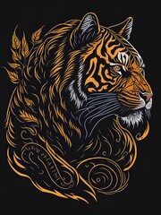 Cosmic Tiger Drawing Surrounded by Galaxies and Stars. Celestial Tattoo Design. Suitable for T-Shirt Design Inspiration.
