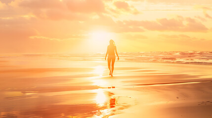 Carefree Woman walking at beach against sky during sunset : Generative AI - Powered by Adobe