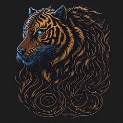 Tribal Tiger Drawing with Intricate Patterns and Bold Lines. Ethnic Tattoo Art. Suitable for T-Shirt Design Inspiration.
