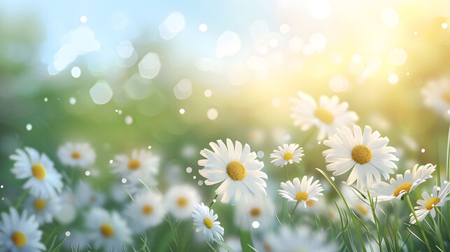 Beautiful spring background with white daisies flowers in the meadow, blurred nature landscape, sunny day, copy space area
