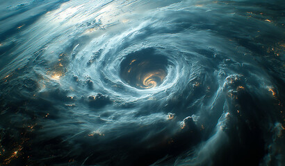 Closeup view from the outerspace of a large hurricane brewing in the ocean, with a large whirlpool forming in the middle
