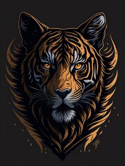 Tattoo drawing of a Wild tiger golden hair Black Background. American traditional tattoo. Sticker with outline