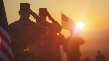 Silhouettes of soldiers saluting on background of sunset or sunrise and USA flag Greeting card for Veterans Day Memorial Day Independence Day America celebration : Generative AI