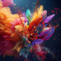 16k, 3d cloud of feathers, buttons multicolored, bright, vivid, 3D with shimmering sequins, abstract background with explosion, magic in space 
