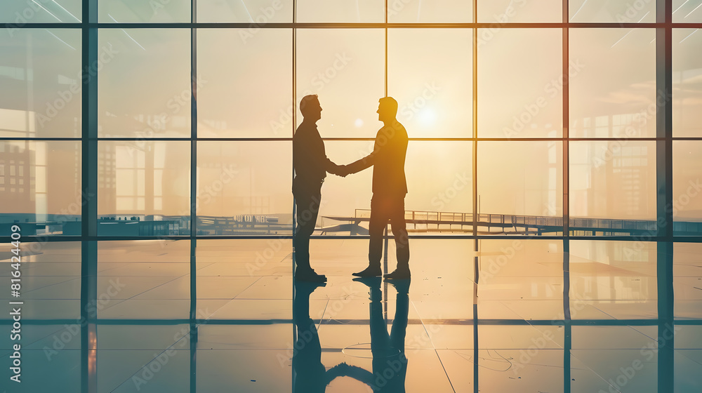 Poster handshake of two men a businessman and a simple worker hiring horizontal silhouette : generative ai