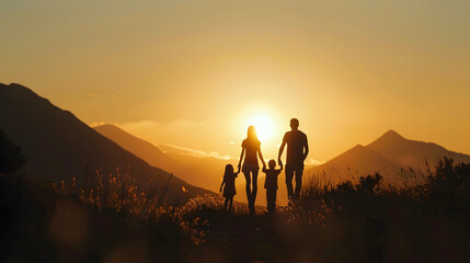Fototapeta premium Silhouettes of a singleparent family on a sunset in the mountains : Generative AI