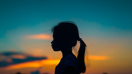 Fototapeta premium silhouette of a beautiful teen girl standing on a background of gorgeous sunsets : Generative AI