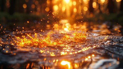 Obraz premium Golden Sunset Reflections in a Tranquil Water Pond