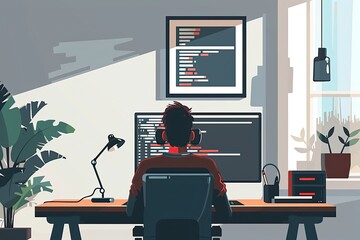 A web developer is coding websites on a computer in a sleek and contemporary home office. Simple and minimalist flat Vector Illustration