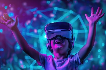 photo of happy young boy wearing VR headset with hands in the air, holographic background, purple...