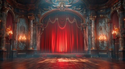 Majestic theater stage with red curtain and ornate decor