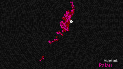 A map of Palau is presented as a mosaic with a dark background, and the country's borders are outlined in the shape of a colorful mosaic, centered around the capital city.