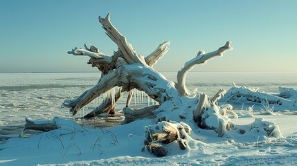 Baltic coastal scenes with frozen driftwood sculptures