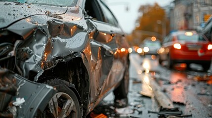 Fototapeta premium Closeup of Heavily Damaged Car After Accident on Busy Street, Car Collision Scene: Vehicles in Distress