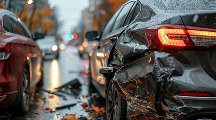 Closeup of Heavily Damaged Car After Accident on Busy Street, Car Collision Scene:  Vehicles in Distress