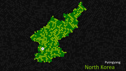 Fototapeta premium A map of North Korea is presented as a mosaic with a dark background, and the country's borders are outlined in the shape of a colorful mosaic, centered around the capital city.