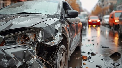 Closeup of Heavily Damaged Car After Accident on Busy Street, Car Collision Scene:  Vehicles in Distress
