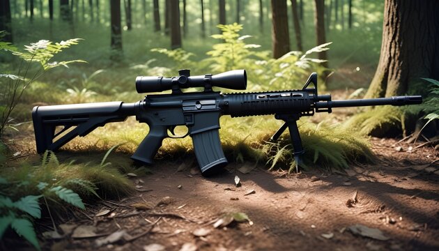 M416 assault rifle lying on the ground in the forest