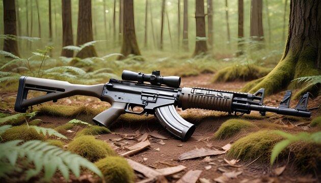 M416 assault rifle lying on the ground in the forest