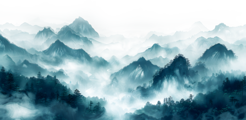 Watercolor landscape, Picture of a pine forest, a blue silhouette of trees and bushes. Blue splash of paint. on texture and transparent background