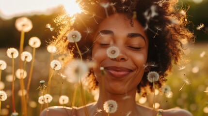 Happy woman engaging with nature, blowing dandelions in a field, macro shot showing seeds circling like art