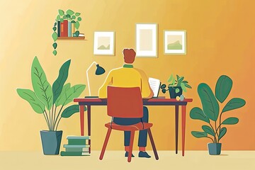 An accountant is balancing budgets on a computer in a clean and organized home office setup. Simple and minimalist flat Vector Illustration