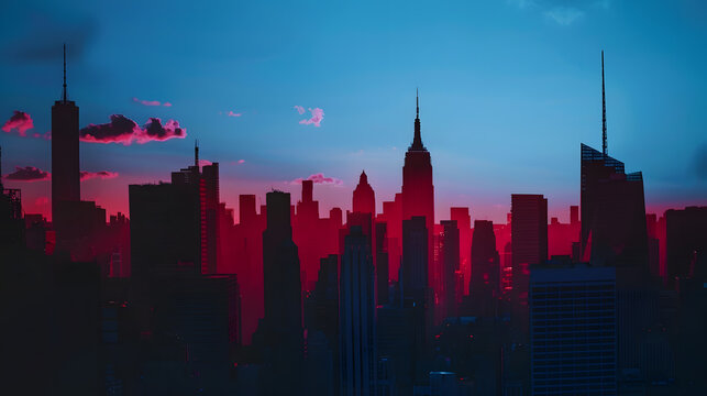 Fototapeta New York City skyline buildings form silhouette shapes against the background sky in Manhattan with red and blue colors : Generative AI