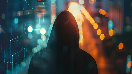 A double exposure of a Silhouette of a mysterious hooded figure without a face in a city at night With a glitch edit : Generative AI - Powered by Adobe