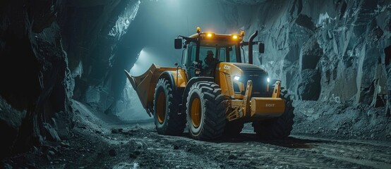 photo of modern front tractor with huge bucket, driving in dark foggy giant underground cave tunnel