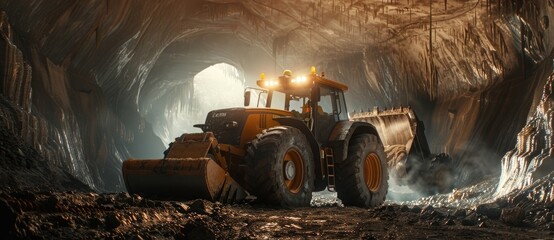 photo of modern front tractor with huge bucket, driving in dark foggy giant underground cave tunnel