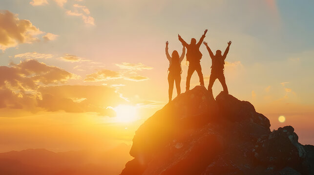 Together overcoming obstacles as a group of three people raising hands up on the top of a mountain Celebrate victory and success over sunset background Goal achievement symbol : Generative AI