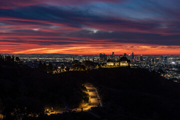 The Los Angeles Skyline and the Griffith Observatory just before sunrise viewed from Griffith Park
