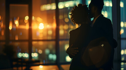 dark silhouette of businessman holding hand and embracing african american woman in night office : Generative AI