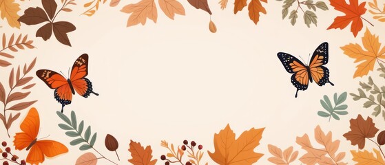 Butterflies flutter among autumn foliage in a golden morning light, creating a dreamy atmosphere. Include acorns, berries, and warm hues to evoke the cozy feel of fall.