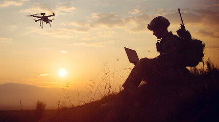Silhouette of soldier are using drone and laptop computer for scouting during military operation : Generative AI