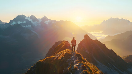 One Man reaching summit after climbing and hiking enjoying freedom and looking towards mountains silhouettes panorama during sunrise : Generative AI