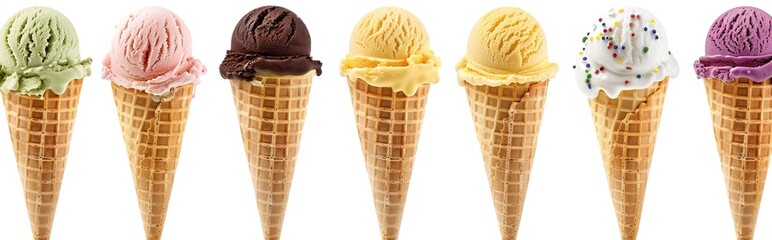 a colorful assortment of ice cream flavors, including pink, yellow, white, and chocolate, are arranged in waffle cones