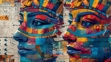 Obraz premium Ancient art style wall painting of two female faces.