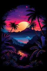 Vibrant Tropical Sunset Landscape with Silhouetted Palm Trees and Lush Jungle Foliage