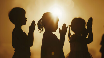 Silhouette back refugee kid groupResponsibleKid child boy and girl worshipWorld kids day Pray and worship Hope freedom Diverse FaithWorld refugee dayJuneteenth kidFriendsPotential unlo : Generative AI