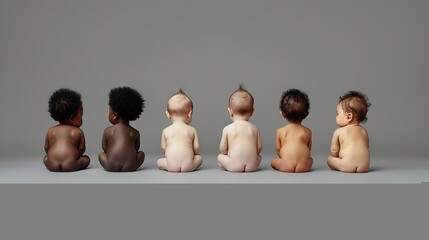 Row of multiethnic babies sitting side by side looking away isolated on gray background : Generative AI