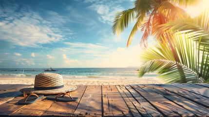 Beautiful summer background with beach accessories and flipflops on a wooden table, a blue sky and palm tree in the sunny day. A vacation concept