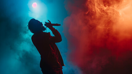 Obraz premium Street style singer gesturing with hand on stage against dark background Spotlight and smoke creating silhouette effect Concept f music and dance lifestyle festivals concerts selfexpre : Generative AI