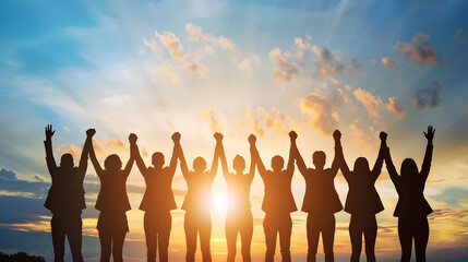 Silhouette of group happy business team making high hands over head in sunset sky background for business teamwork concept : Generative AI