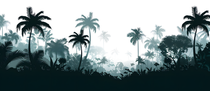 Watercolor landscape, Picture of a pine forest, a blue silhouette of trees and bushes a simple vector art silhouette of a rainforest texture and transparent background