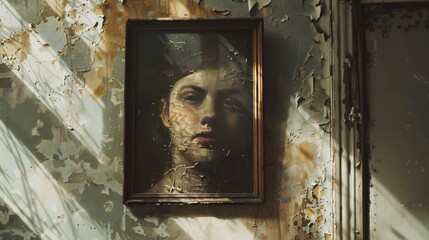 Mysterious Portrait of a Woman Through Shattered Glass in a Weathered Frame